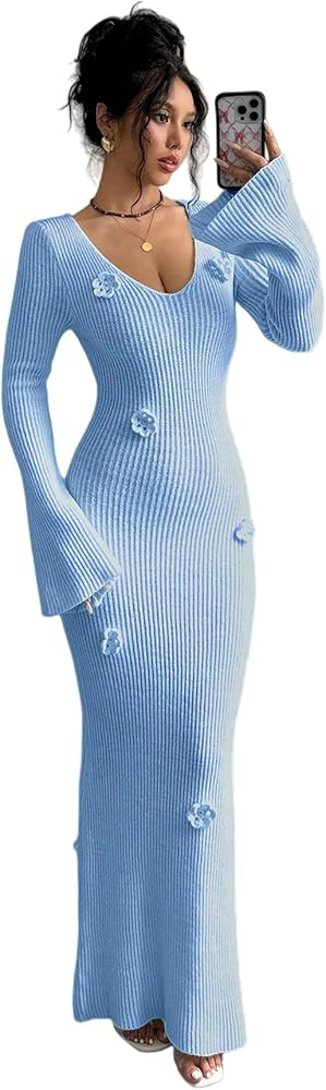 SISKIN Maxi Slimming Fitted Sweater Dress Long Sleeve Ribbed Bodycon Knit Winter Baby Shower Dres... | Amazon (US)