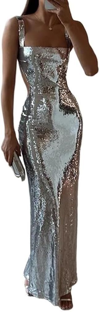 Formal Dresse Sexy Sling Backless Silvery Maxi Dress High Waist Bodycon Sleeveless Robes Female E... | Amazon (US)