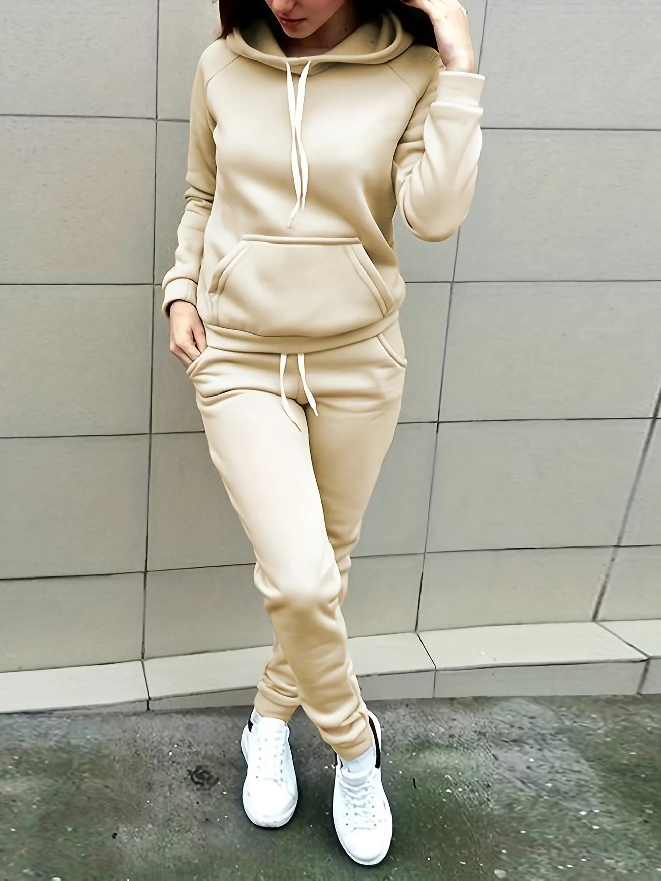 Casual Solid Two-piece Set, Kangaroo Pocket Hoodie & Drawstring Pants Outfits, Women's Clothing -... | Temu Affiliate Program