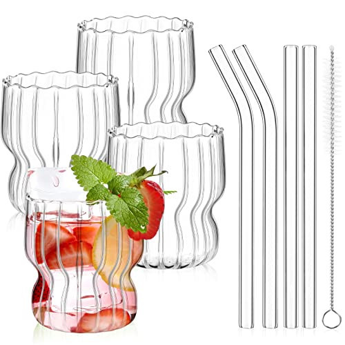 Tessco 4 Pieces Ribbed Glass Cups with Straws 8.8 oz Ripple Drinking Glasses Set Fluted Glassware Ribbed Origami Style Cup for Iced Coffee, Cocktail, Water, Juice, with 4 Glass Straws and Straw Brush | Amazon (US)
