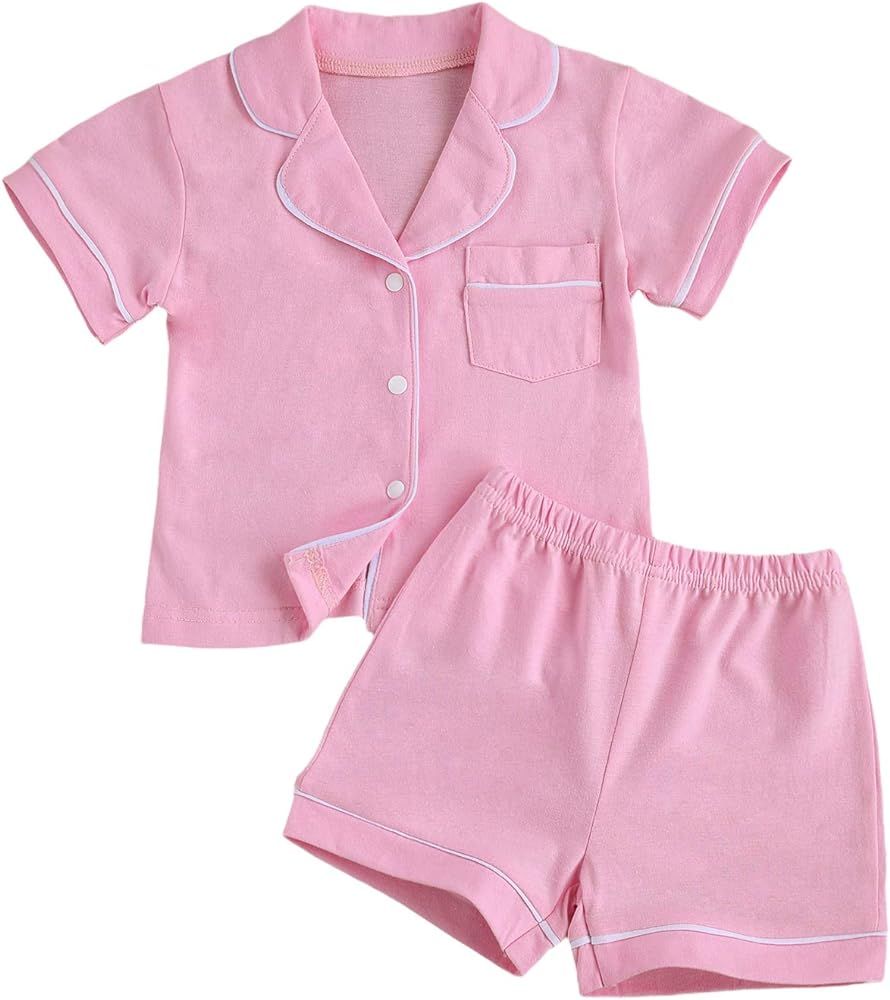 Kids Toddler Baby Girl Boy Summer Two Piece Pajamas Set Button Down Top with Shorts | Amazon (US)