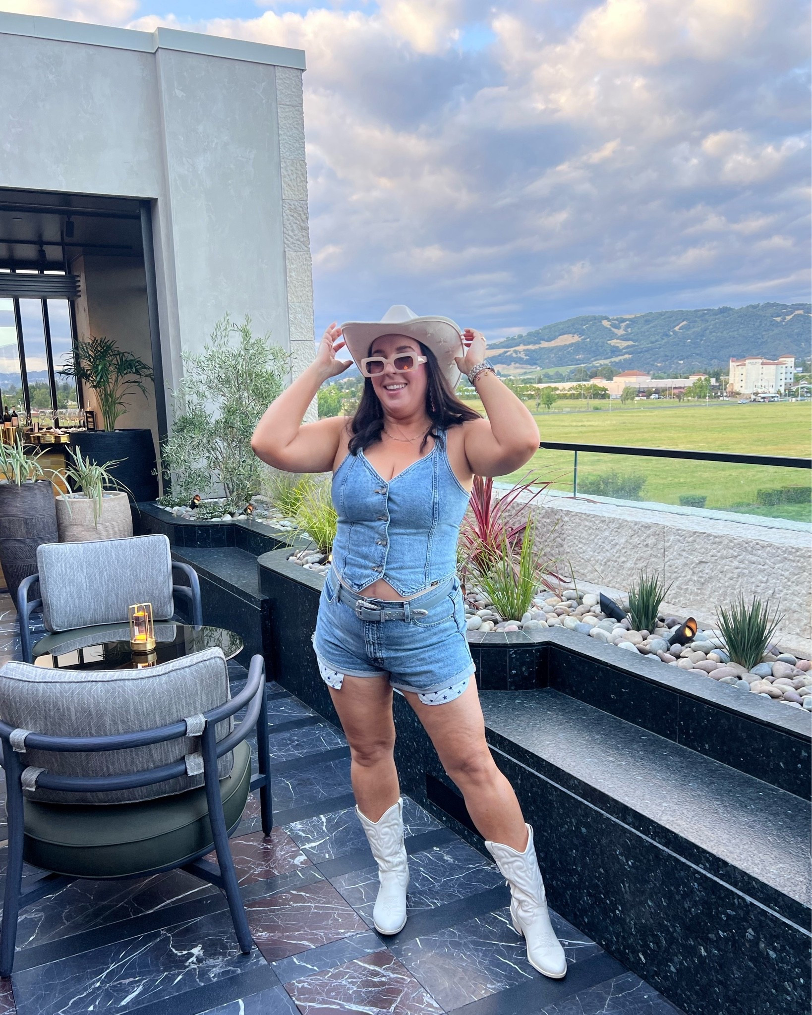 Kacey x Lee x Walmart Collection // jean vest top / jean shorts / denim set / baby blue belt / western belt / cowboy hat #LTKMidsize #LTKSeasonal #LTKootd