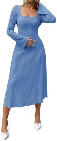 Cicy Bell Womens Sweater Dress Square Neck Maxi Dress Long Sleeve Tie Waist Fall Winter Wedding G... | Amazon (US)