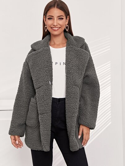 Double Breasted Patch Pocket Teddy Coat | SHEIN