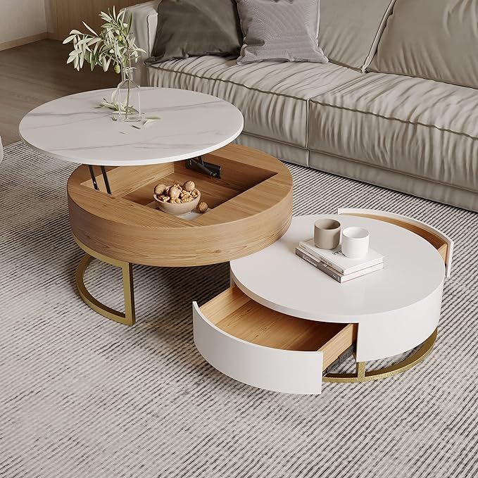 Lift Top Coffee Table, Round Coffee Table with Hidden Storage, Nesting Coffee Table Set of 2, End... | Amazon (US)