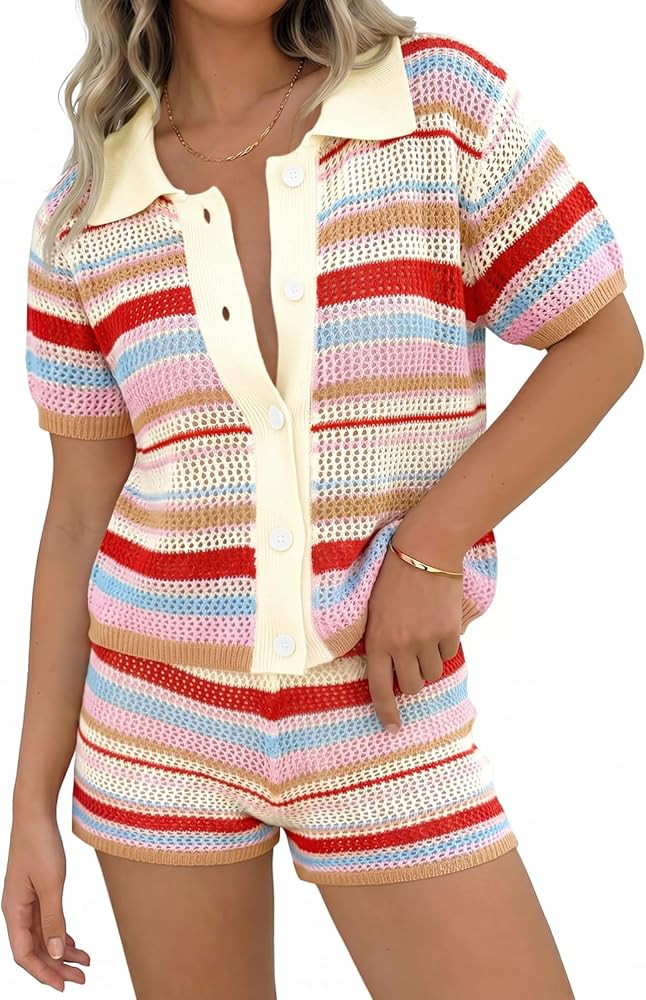 Tankaneo Womens 2 Piece Sweater Shorts Sets Knit Color Block Summer Outfits Short Sleeve Tops Cov... | Amazon (US)