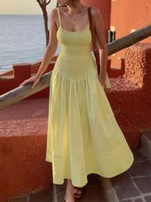 Solid Color Waistline Slimming A-Line Dress, Suitable For Pear-Shaped Figures, Casual Vacation St... | SHEIN