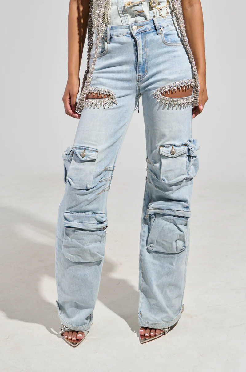 CALLING THE SHOTS CARGO DENIM WITH RHINESTONES | AKIRA