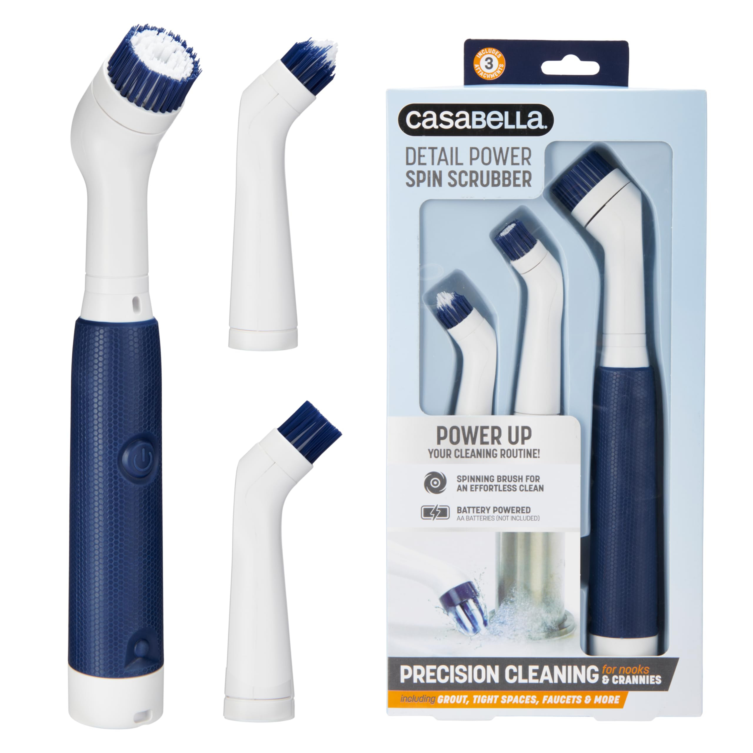 Casabella Handheld Spin Detail Scrubber, AA Battery Powered, 3 Brush Heads, White | Amazon (US)