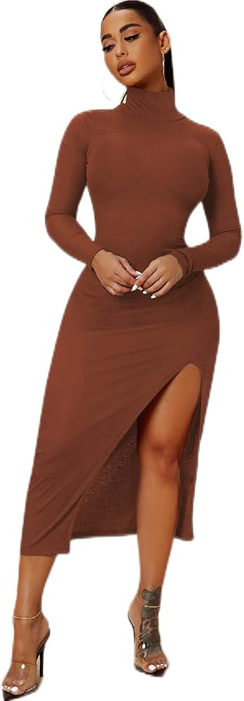 SheIn Women's Mock Neck Split Thigh Midi Bodycon Dress Long Sleeve Turtleneck Dresses | Amazon (US)