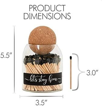 Let's Stay Home Cute Glass Match jar Cloche | Approx 135 Decorative Wooden Black tip Matches for ... | Amazon (US)