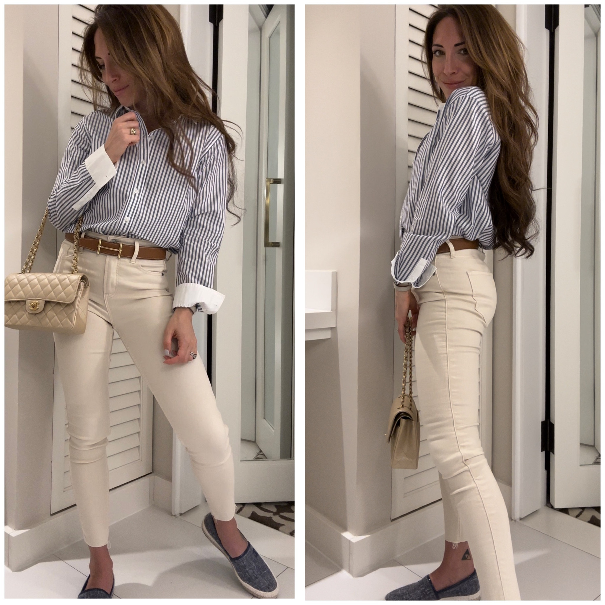 Wearing a white and blue striped button down, ecru jeans, blue espadrilles, camel (gold) belt 

#LTKFind #LTKstyletip #LTKSeasonal