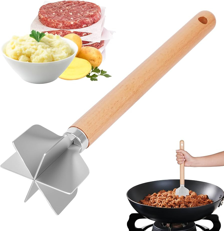 Stainless Steel Meat Chopper, Meat Masher, 6-Blade Ground Beef Chopper Tool with 11" Wooden Handl... | Amazon (US)