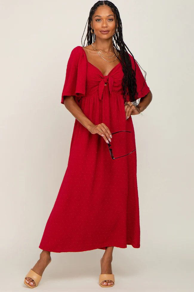 Burgundy Textured Dot Front Tie Ruffle SleeveMidi Dress | PinkBlush Maternity