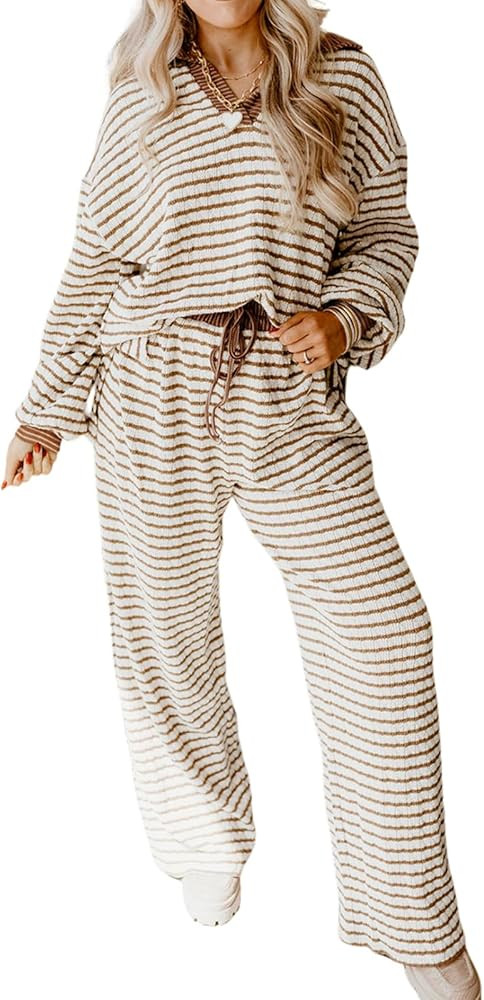 UONBOX Women's 2 Piece Sets Striped V Neck Collared Long Sleeve Pullover Tops and Drawstring Wide... | Amazon (US)