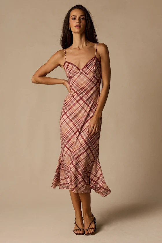 Rae Mauve Multi Plaid Mesh Slip Midi Dress | Lulus
