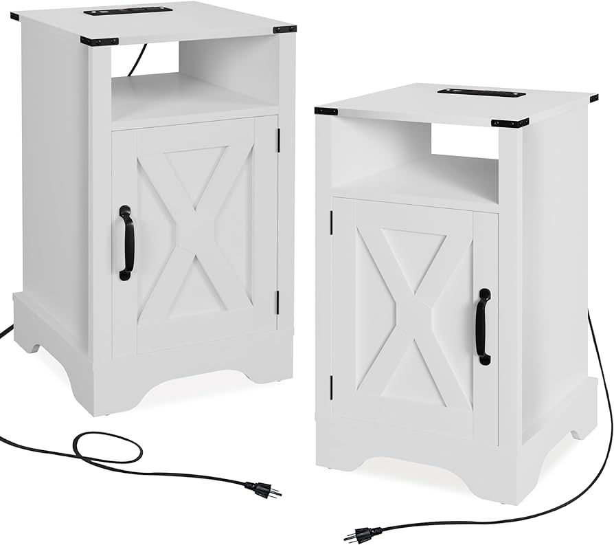 Nightstand Set of 2 with Charging Station, Tall Farmhouse Bedside Table with Large Storage and Sh... | Amazon (US)
