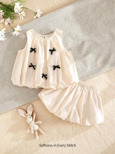 Cozy Pixies 2pcs/Set Baby Girl Bow Decor Round Neck Sleeveless Top And Elastic Waist Shorts Cloth... | SHEIN