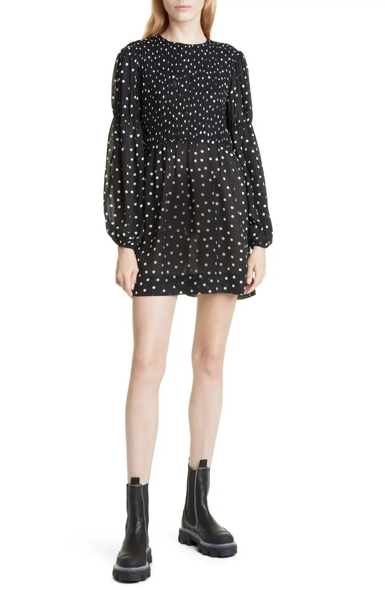 Ganni Polka Dot Shirred Long Sleeve Crepe Minidress | Nordstrom | Nordstrom