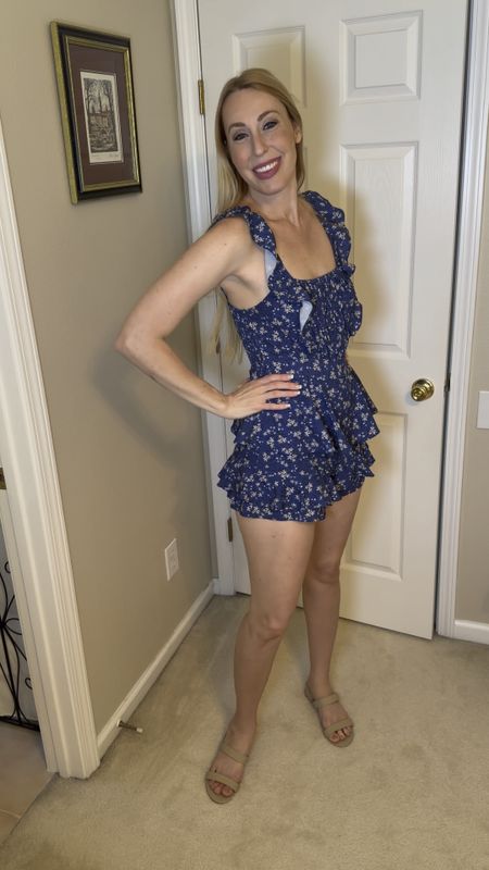 Summer Floral Romper 
💙 fits really well
💙 a lot of stretch in the bust
💙 wearing size small
💙 a little short on my 5’10” legs 

#LTKfindsunder50 #LTKstyletip #LTKVideo