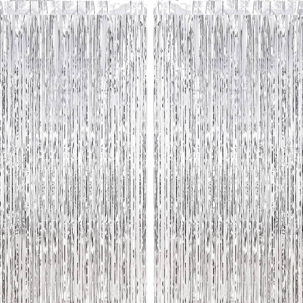 CHRORINE 2pcs 3ft x 8.3ft Silver Tinsel Foil Fringe Curtains Streamers Backdrop for Birthday Grad... | Amazon (US)