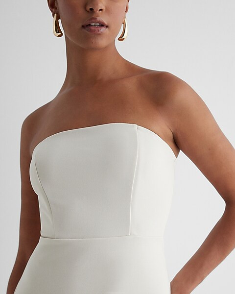 Strapless Feather Hem Midi Sheath Dress | Express