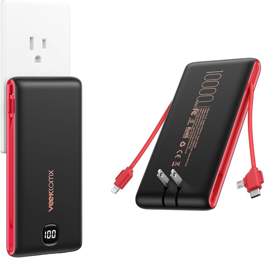 VEEKTOMX Portable Charger with Built in Cables 10000mAh, Power Bank for iPhone with AC Wall Plug,... | Amazon (US)