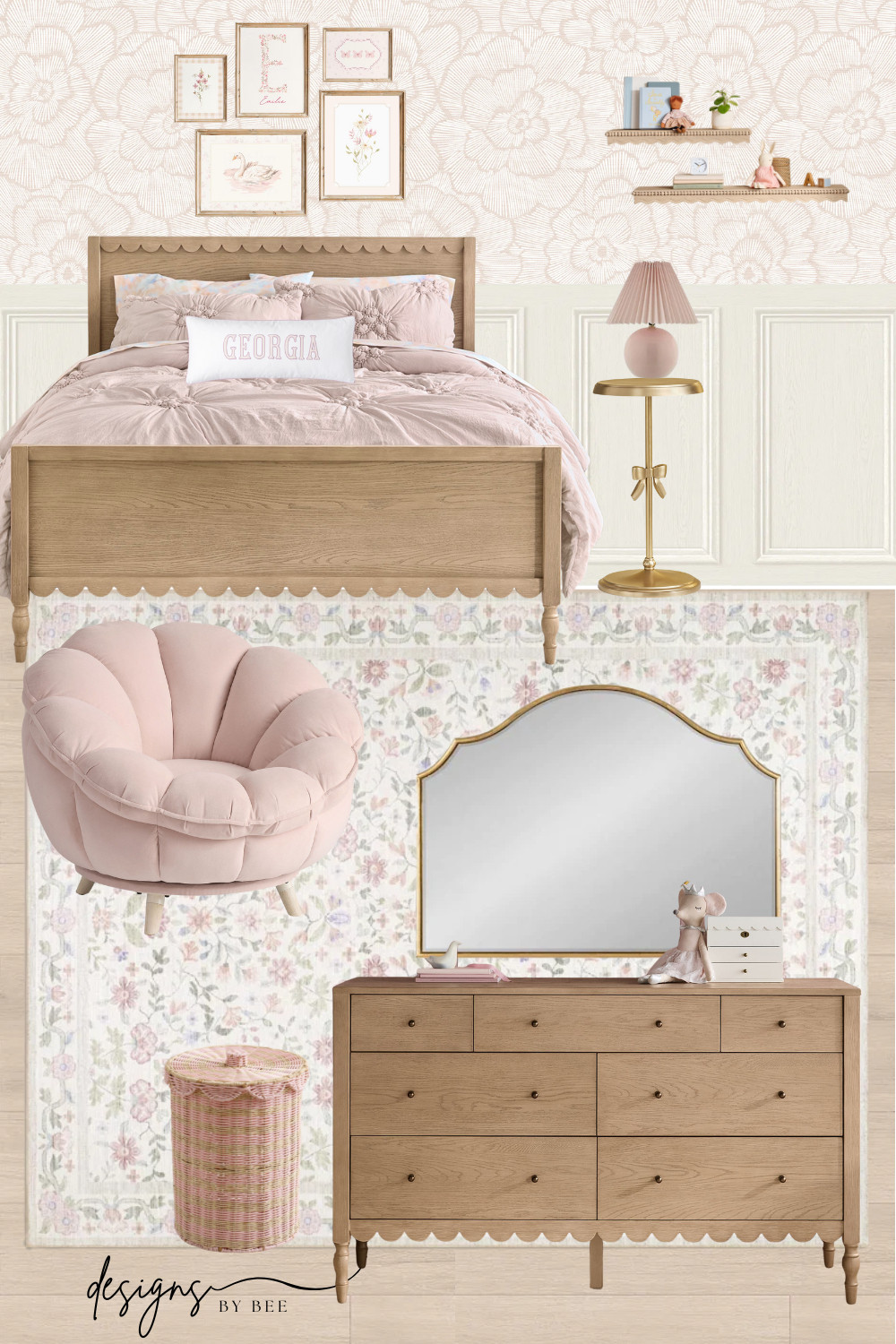#girlsroom #nurserydecor #grandmillennial #coquetteaesthetic #toddlerroom #scallopedfurniture #pinkbedroom #homedesign #interiormoodboard #kidsroomdecor #vintagestyle #floralwallpaper #nurseryinspiration #potterybarnkids #targethome #amazonhome #scallopeddecor #blushpink #goldaccents #wooddresser 

 #LTKHome #LTKKids
