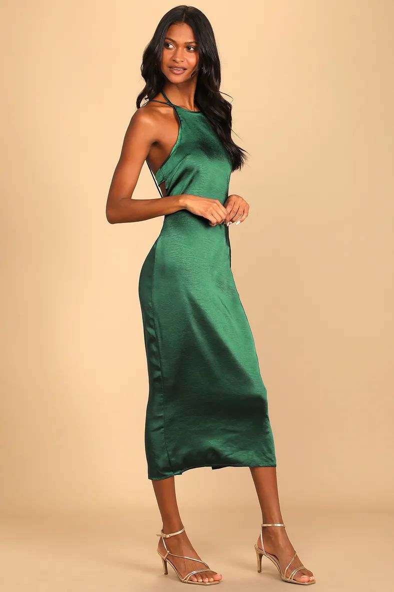 Jeanne Emerald Green Satin Tie-Back Halter Midi Slip Dress | Lulus (US)
