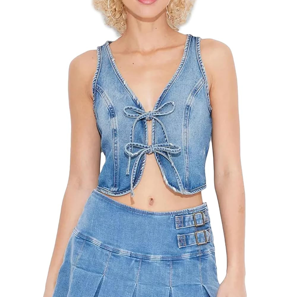 Women's Denim Vest Top Tie Up Front Sleeveless Denim Crop Top Shirt Summer Casual Trendy Going Ou... | Amazon (US)