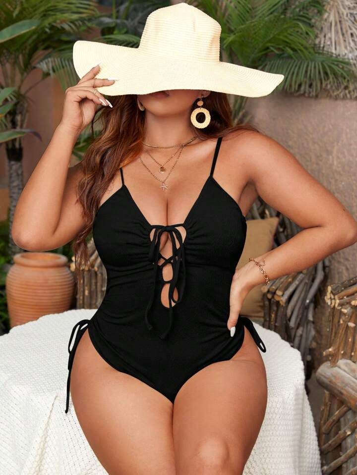 SHEIN Swim BAE Plus Lace Up Front One Piece Swimsuit | SHEIN