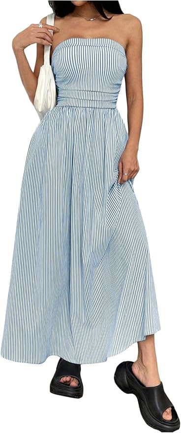 Milumia Women's Striped Strapless Maxi Dress Summer Casual Tube Top Long Dresses with Pocket | Amazon (US)