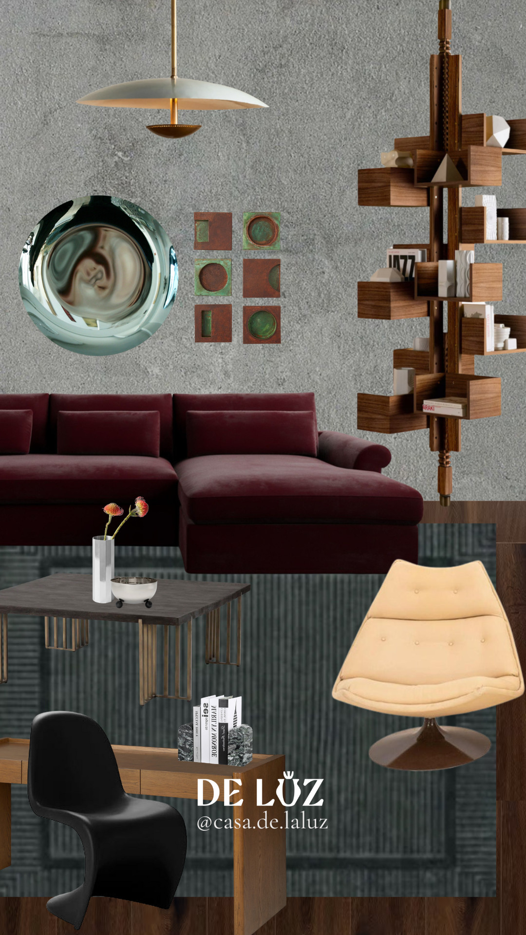 A living/study space inspired by the iconic Biblioteca Vasconcelos in CDMX—where raw concrete meets warm wood, geometric forms, and suspended structures that feel both grounded and weightless. The deep burgundy sofa channels the richness of the building’s steel framework, while the modular shelving nods to its endless rows of floating bookshelves. Industrial textures soften with organic curves (peep that black Panton chair), and sculptural decor pieces mirror the library’s bold architectural details. A space for creativity, study, and a little quiet luxury. 

 #LTKMostLoved #LTKHome #LTKTravel