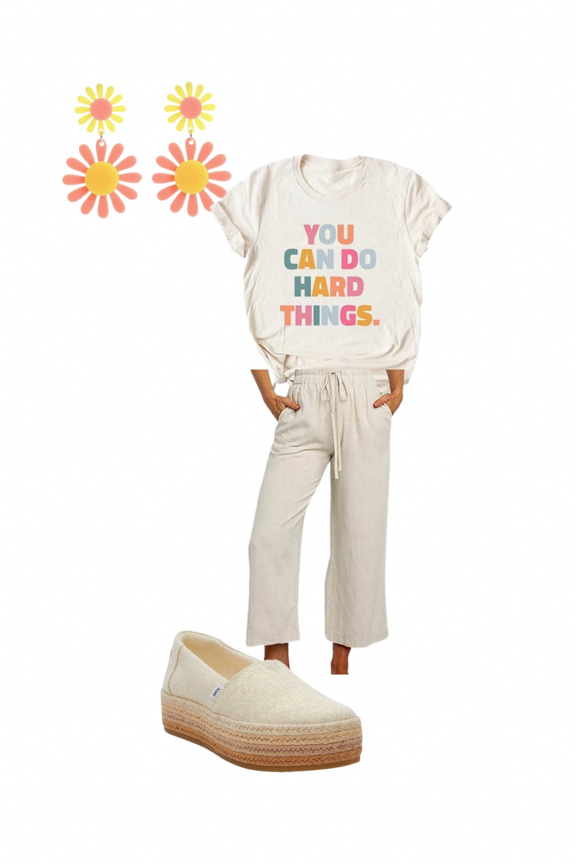 Teachers back to school work outfit
Ootd | fun earrings | inspirational tee | linen wide leg pants | comfy shoes 

#LTKBacktoSchool #LTKstyletip #LTKworkwear