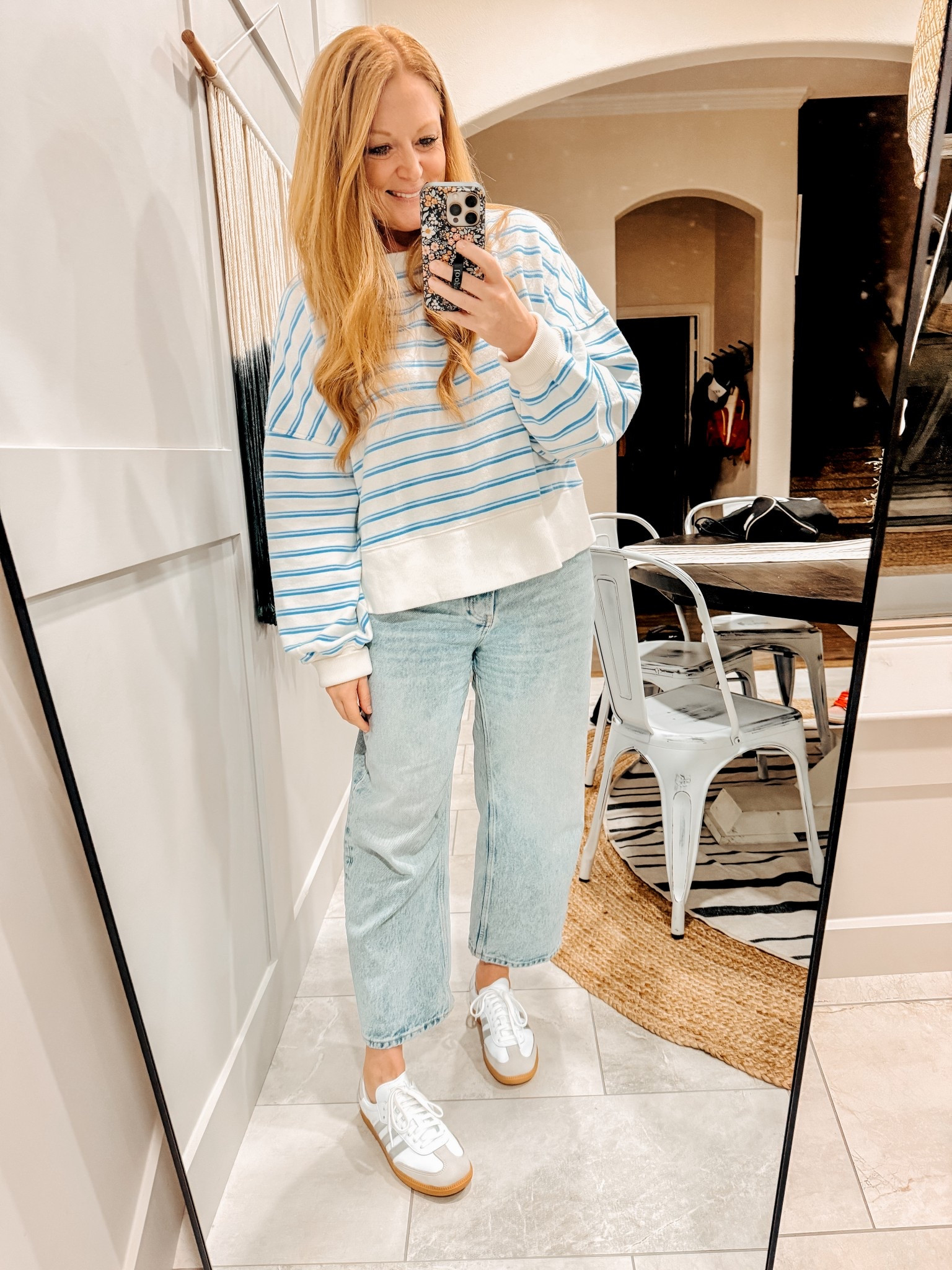Another aerie recent purchase I love! Wearing my normal size M

Free people jeans: normal size

White & silver adidas: normal size

#LTKOver40 #LTKxAerie