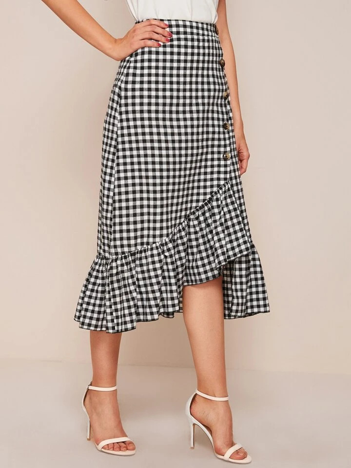 SHEIN Privé Zwart & wit Elegant Gingham Rokken Knoop | SHEIN