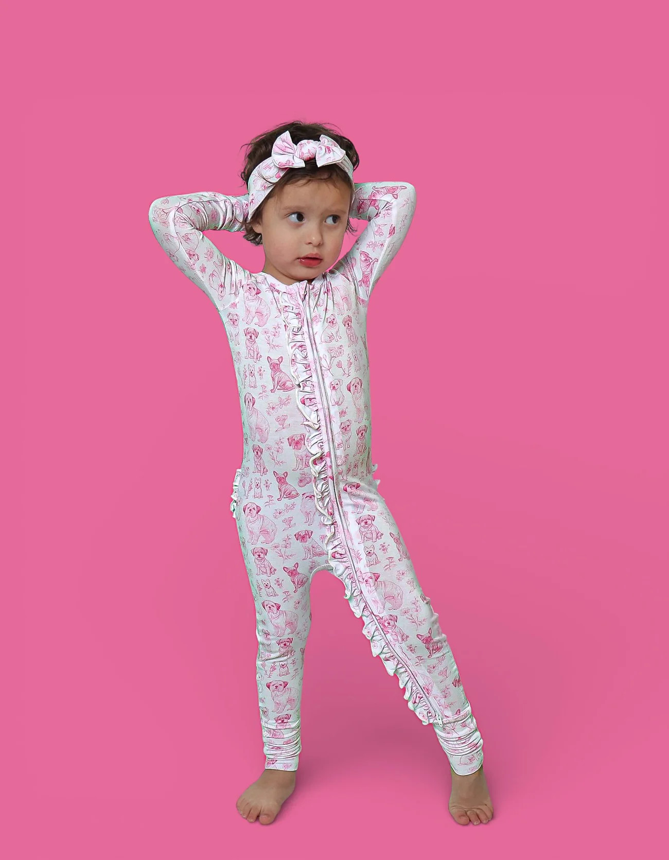 PINK PUPPY TOILE DREAM RUFFLE ROMPER | Dream Big Little