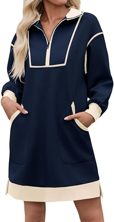Wenrine Women's Oversized Sweatshirt Dress Half Zip V Neck Long Sleeve Contrast Fall Casual Mini ... | Amazon (US)