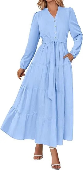 PRETTYGARDEN Fall Dresses for Women Long Sleeve V Neck Belted Ruffle A Line Flowy Boho Maxi Weddi... | Walmart (US)