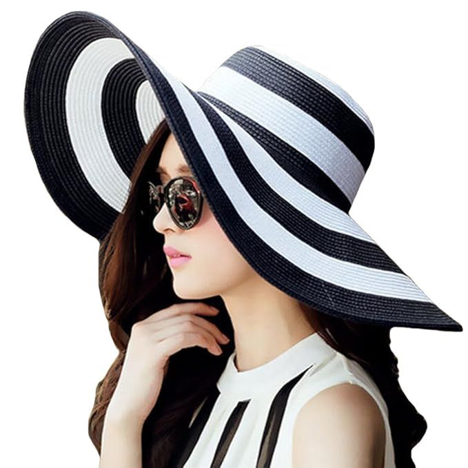 Itopfox Women's Beachwear Sun Hat Striped Straw Hat Floppy Big Brim Hat | Amazon (US)