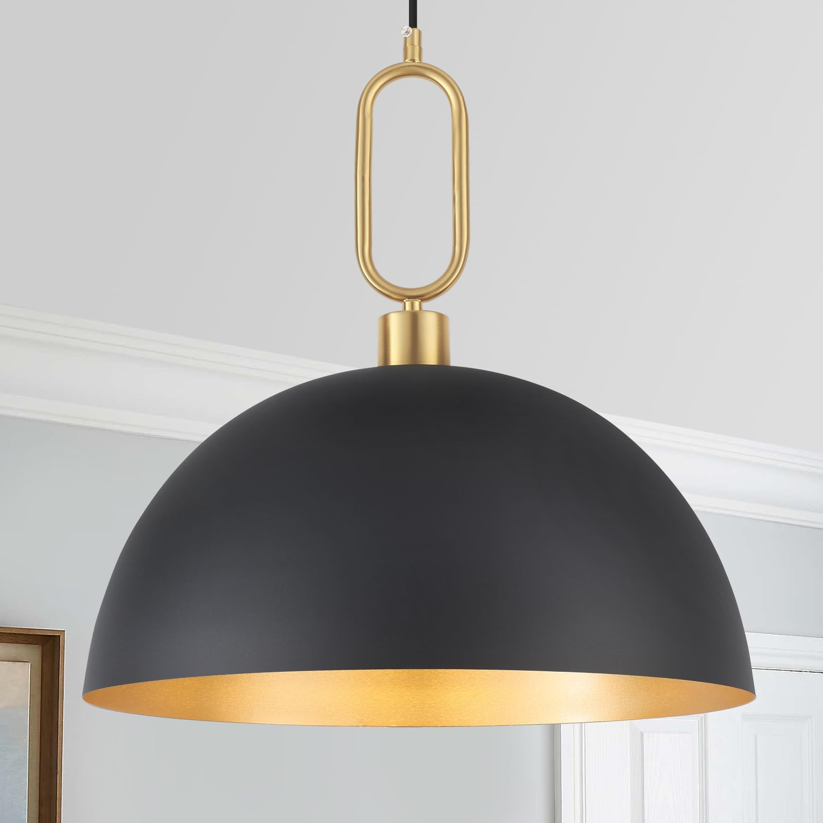 16" Farmhouse Pendant Light for Kitchen Island Black and Gold Large Dome Hanging Light Modern Industrial Pendant Light Fixtures for Dining Room Bedroom Hallway | Amazon (US)