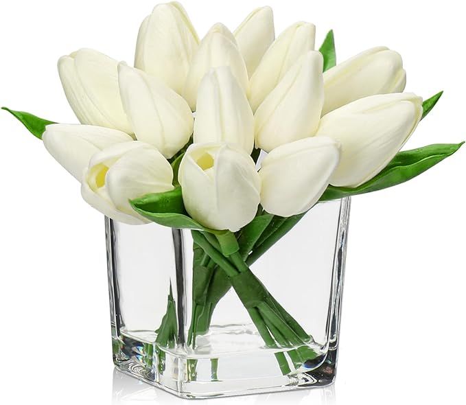 DILATATA Artificial White Tulips in Vase with Faux Water 5.5" Real Touch Flowers Fake Tulips Smal... | Amazon (US)