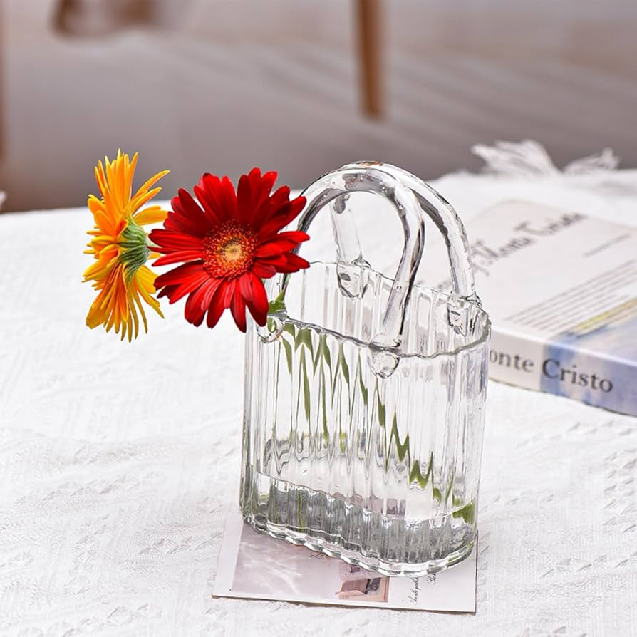 10.8" Modern vase, Transparent Blue Glass Striped Handbag vase, Home Decoration. Elegant Handbag,... | Amazon (US)