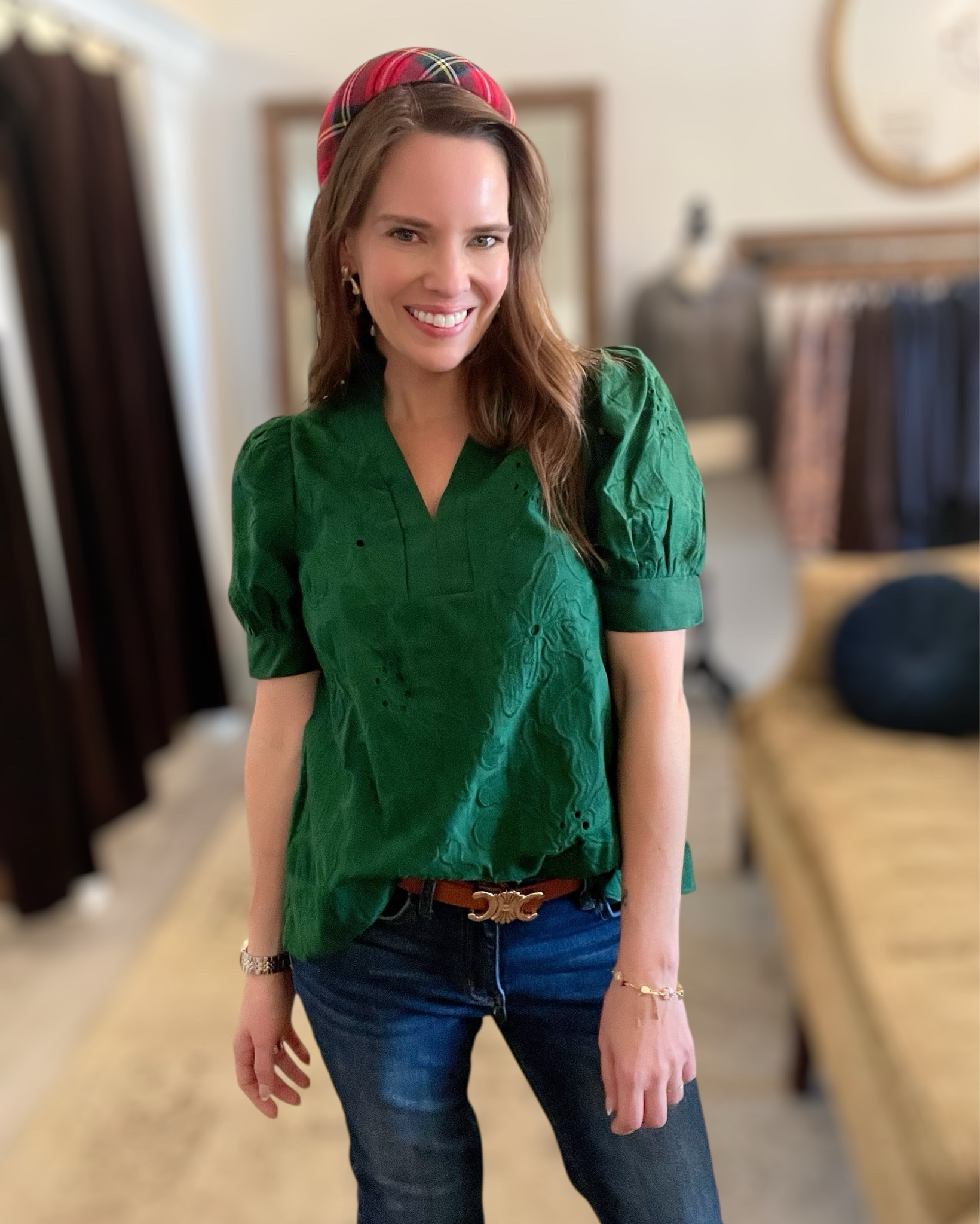 Green Embroidered Top + Cropped Flare Denim Holiday Outfit 💚🎄

This look is such an easy win for the holiday season and beyond. The green embroidered top is beautifully detailed with subtle texture and puff sleeves that give it a polished but relaxed feel. It’s one of those pieces that looks styled without trying—perfect tucked or worn loose. I paired it with mid-rise cropped flare jeans for a flattering everyday fit and added leopard slingback flats for a fun pop of pattern 🐆✨

Finished the look with a festive plaid padded headband, gold statement earrings, and a classic two-tone watch to pull it all together. This outfit works so well for holiday errands, casual parties, or even a dressy everyday moment when you want to feel put-together but comfortable 🎀💫

Green embroidered blouse, holiday outfit idea, cropped flare jeans, leopard flats outfit, festive headband, casual holiday style, everyday chic outfit, women’s boutique top, fall winter outfit inspiration

#LTKHoliday #LTKFindsUnder100 #LTKSaleAlert