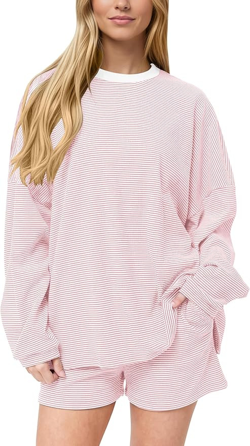 MISSACTIVER Women's Striped Lounge Set Long Sleeve Tee Shirts Drawstring Wide Leg Shorts Matching... | Amazon (US)