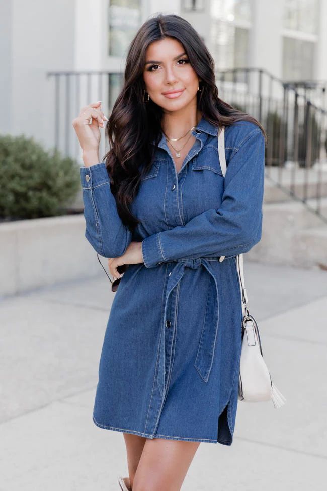 A Great Start Denim Long Sleeve Belted Mini Dress | Pink Lily