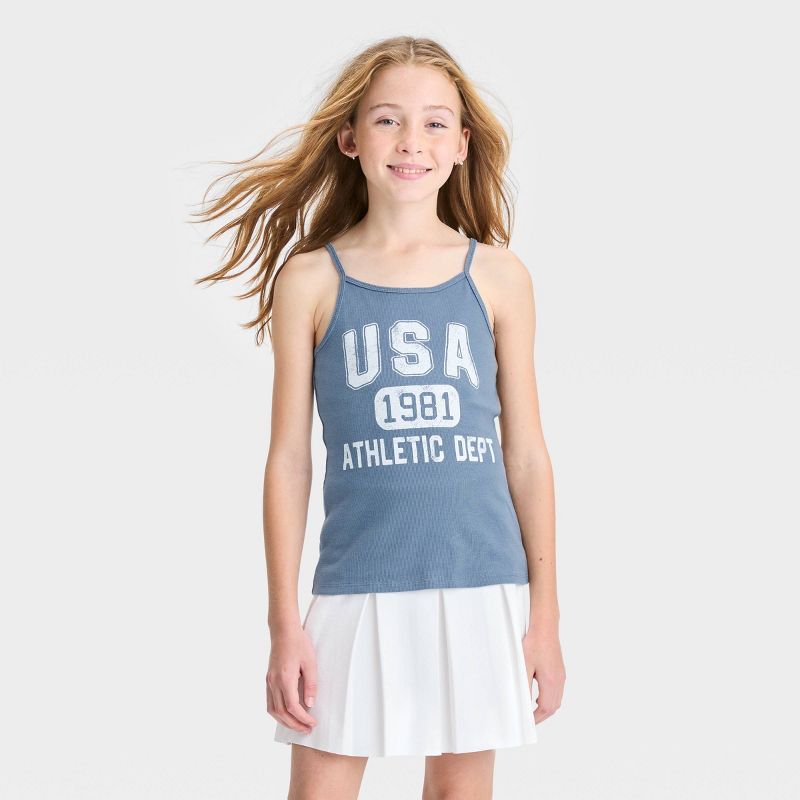 Girls' Rib-Knit 'USA' Cami Graphic Tank Top - art class™ Blue | Target