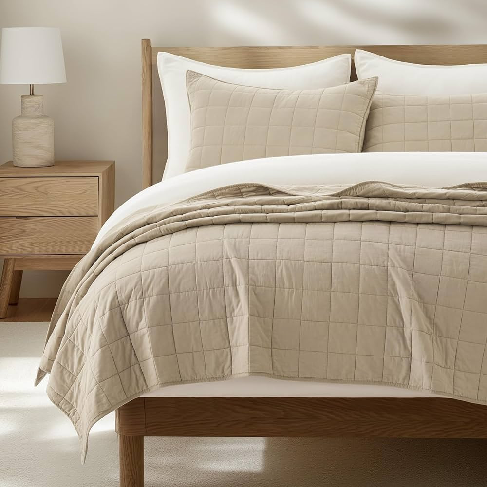 100% Cotton Box Stitch Quilt Bedding Set King Size 3 Pieces, Garment-Washed Lightweight Soft Cozy... | Amazon (US)