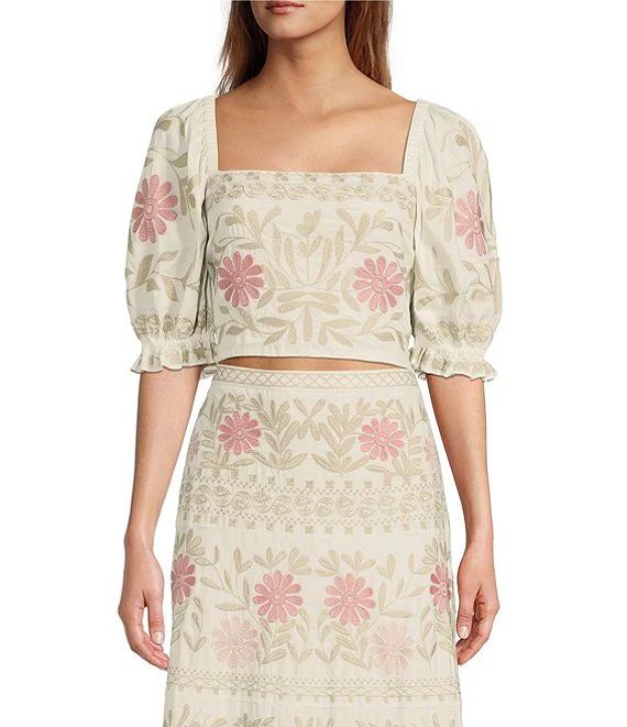 Juliette Floral Embroidered Square Neck Short Puff Sleeve Coordinating Blouse | Dillard's