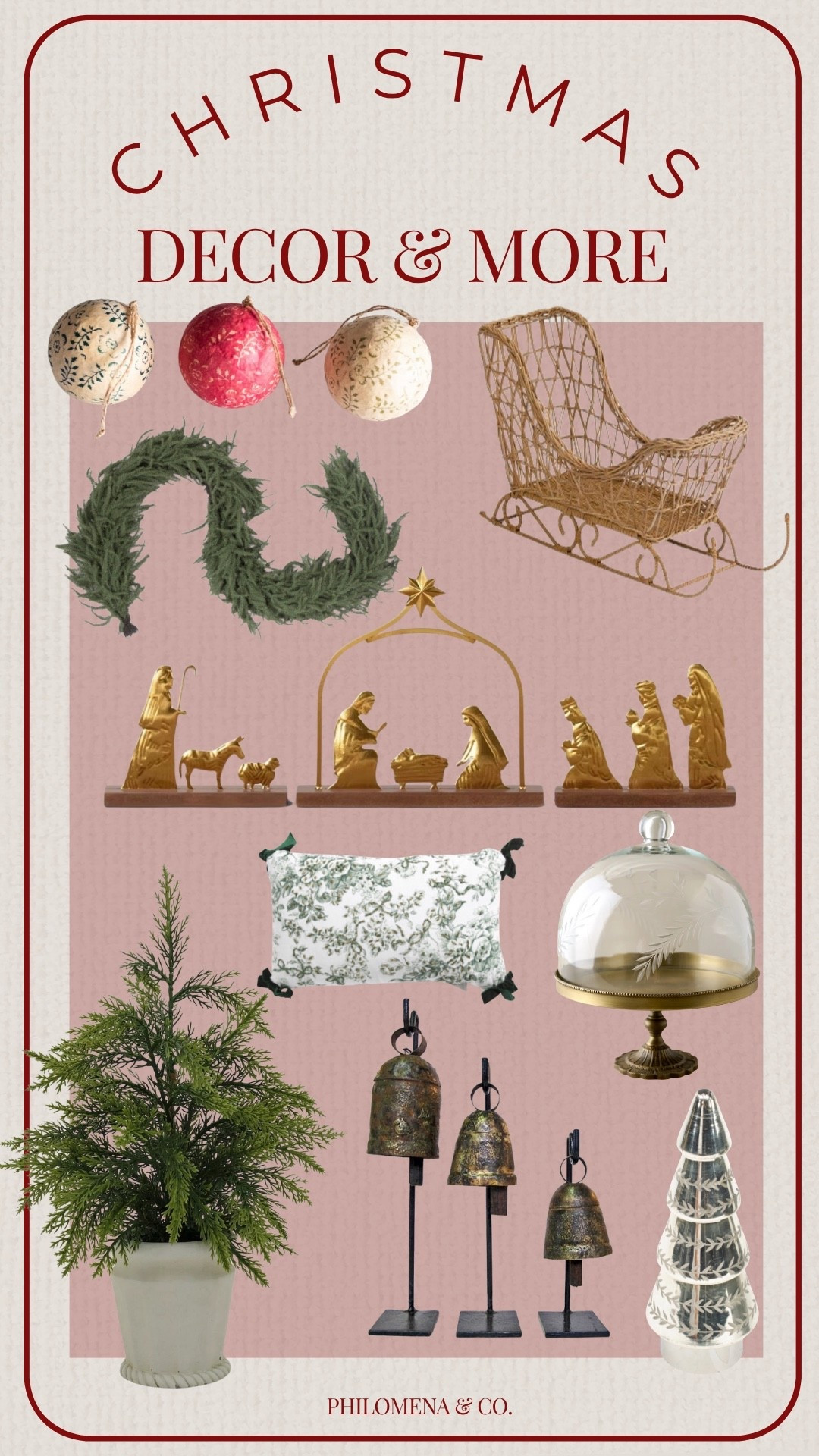 Christmas decor, Christmas haul, classic Christmas, Christmas home decor, Christmas tree ornaments, antique Christmas, glass ornaments, Ralph Lauren Christmas, Christmas tree, rattan sleigh, sleigh decor, garland, Norfolk garland, paper mache ornaments, nativity scene, mini tree, small tree, mini Christmas tree, cake stand, Christmas tablescape, antique bell set, bell set of stands, bell on stand, Christmas pillow, green pillow, tree decor, tabletop tree decor

#LTKHoliday #LTKFindsUnder50 #LTKHome